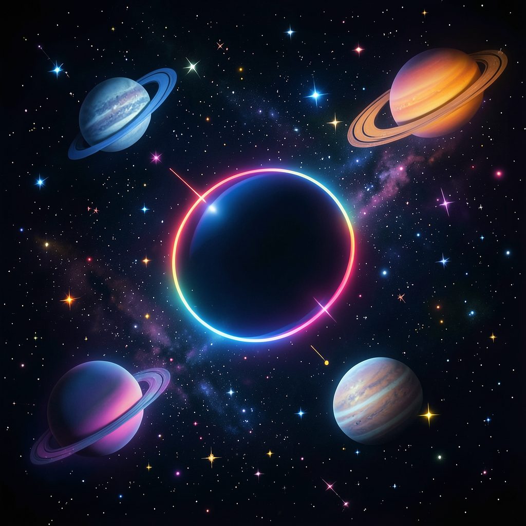 Slot z motywem kosmicznym, ciemne tło z rozbłyskami gwiazd i planet w neonowych barwach
